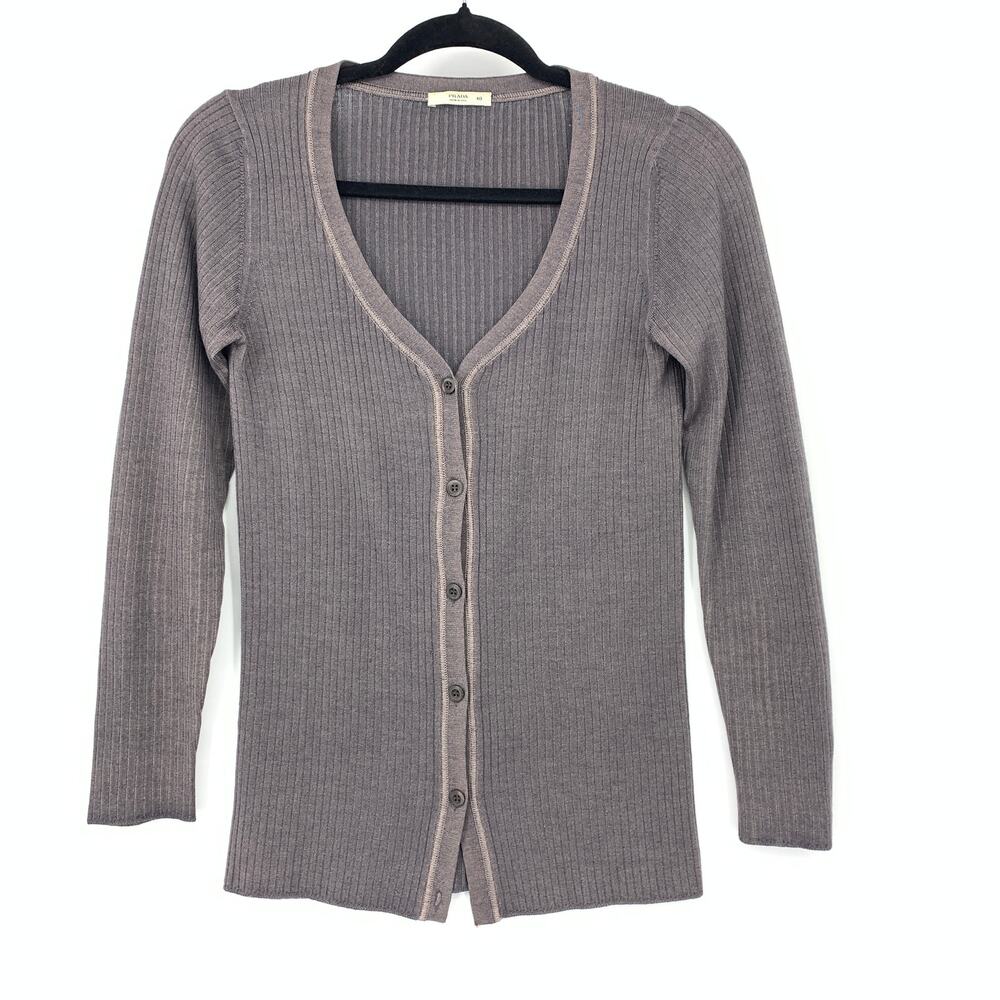 Prada Ribbed Fine Gauge Cardigan Womens Size 40 US 4 Small Gray Button Front